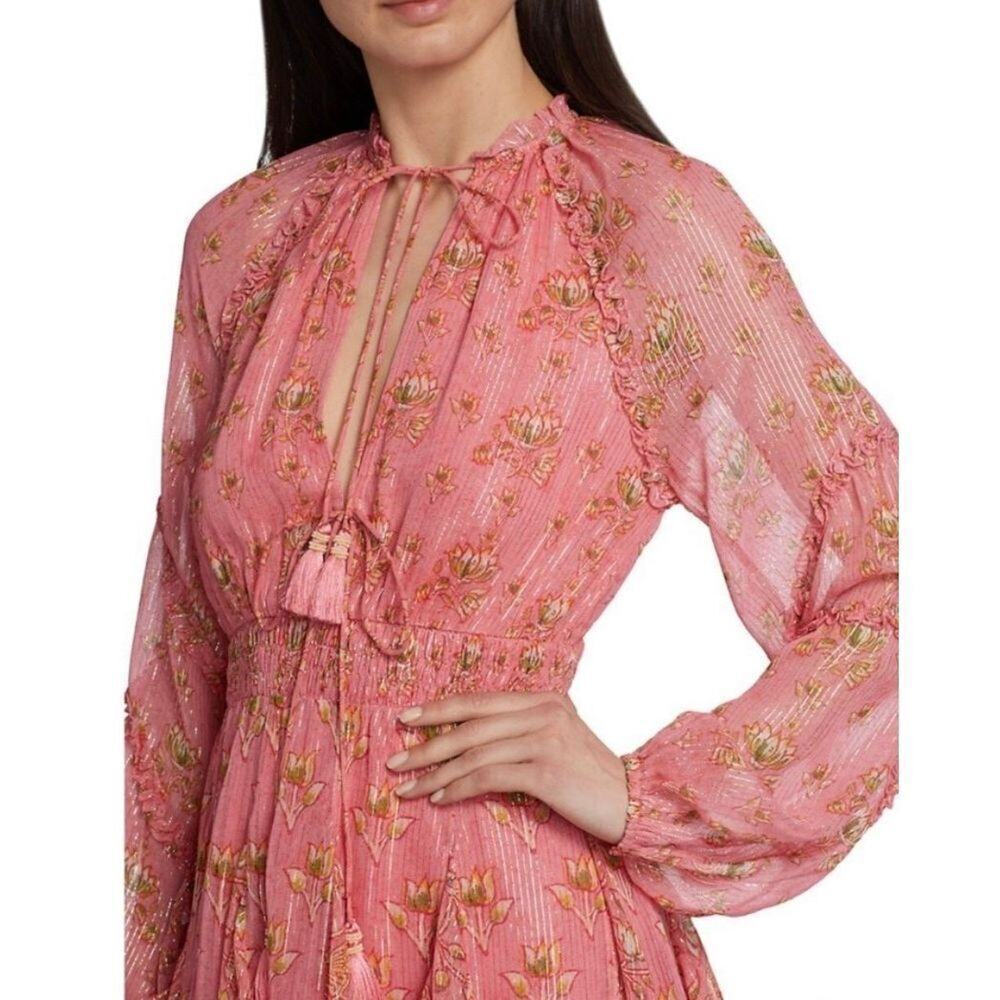 HEMANT & NANDITA Pink Floral Mini Dress with Tassel Neck